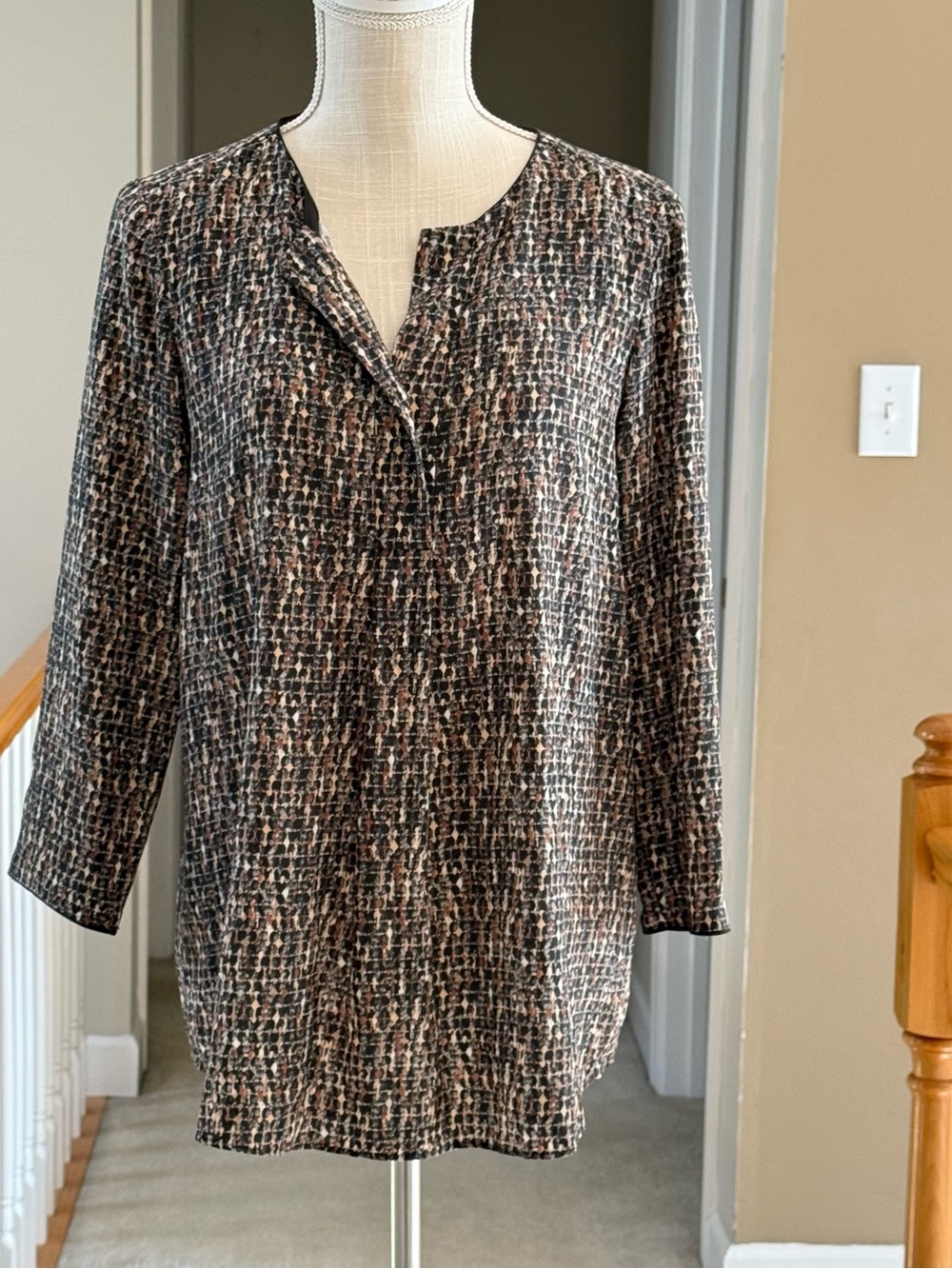 Lafayette 148 New York Black and Brown Patterned Split-Neck Tunic